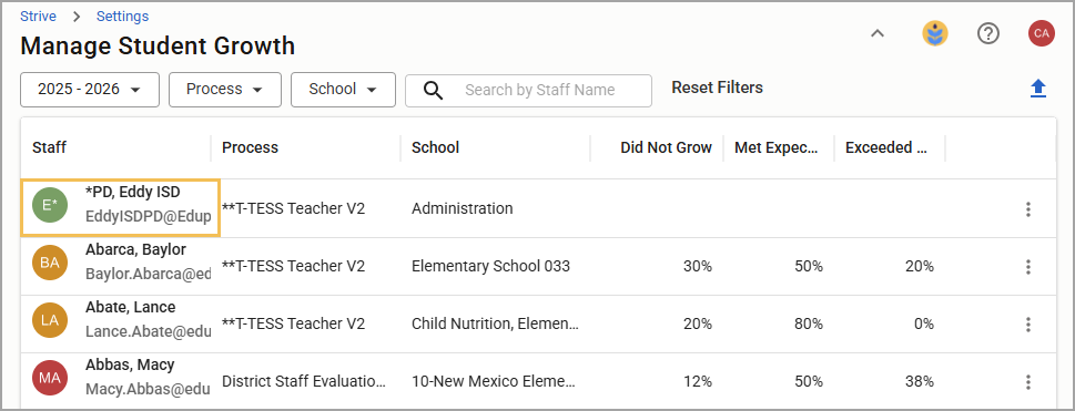 Identify the staff member for which you want to input student growth percentages.